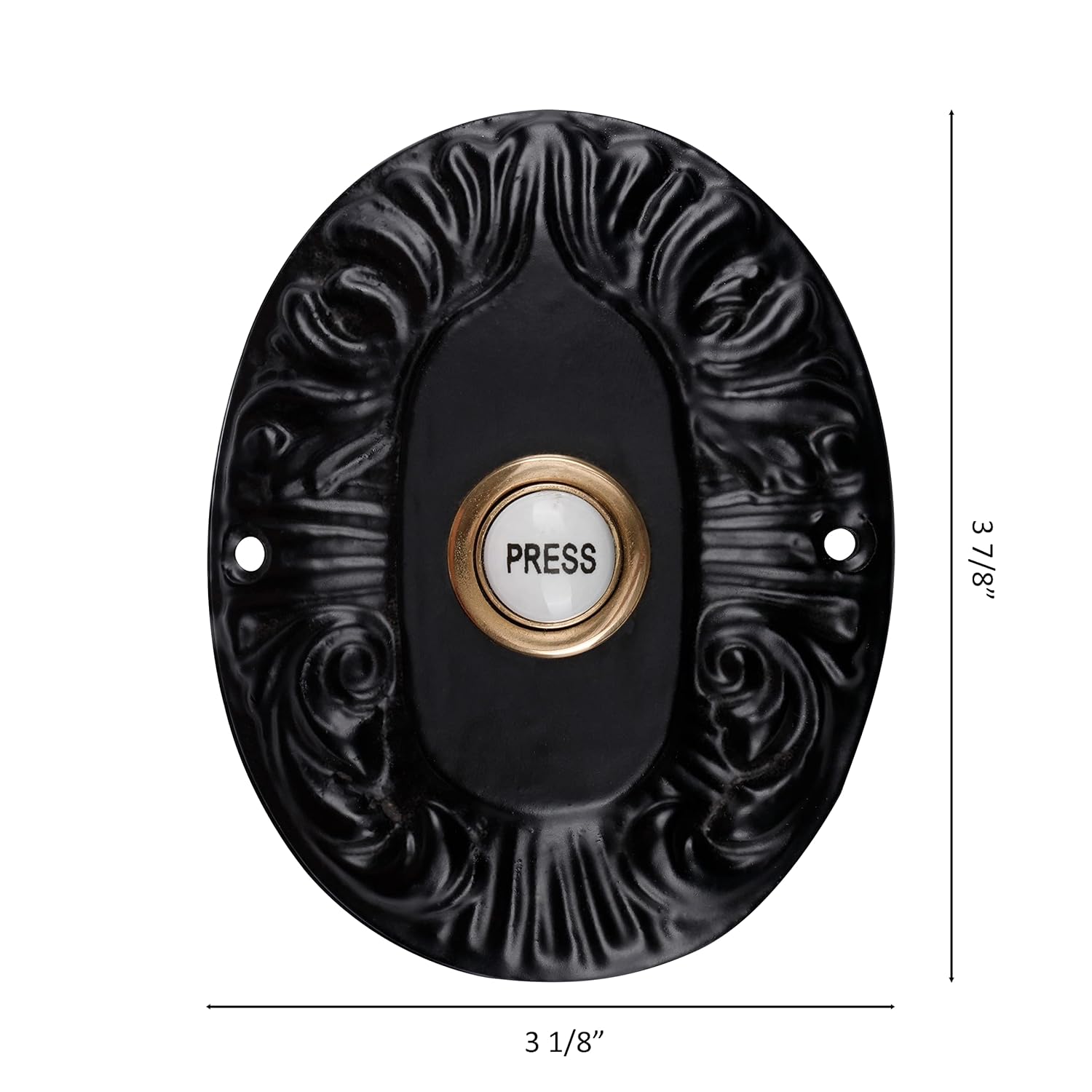 Wired Iron Doorbell Chime with Brass Porcelain Push Button Vintage in Black Powder Coat Finish Decorative Door Bell with Easy Installation, 3 7/8" X 3 1/8"