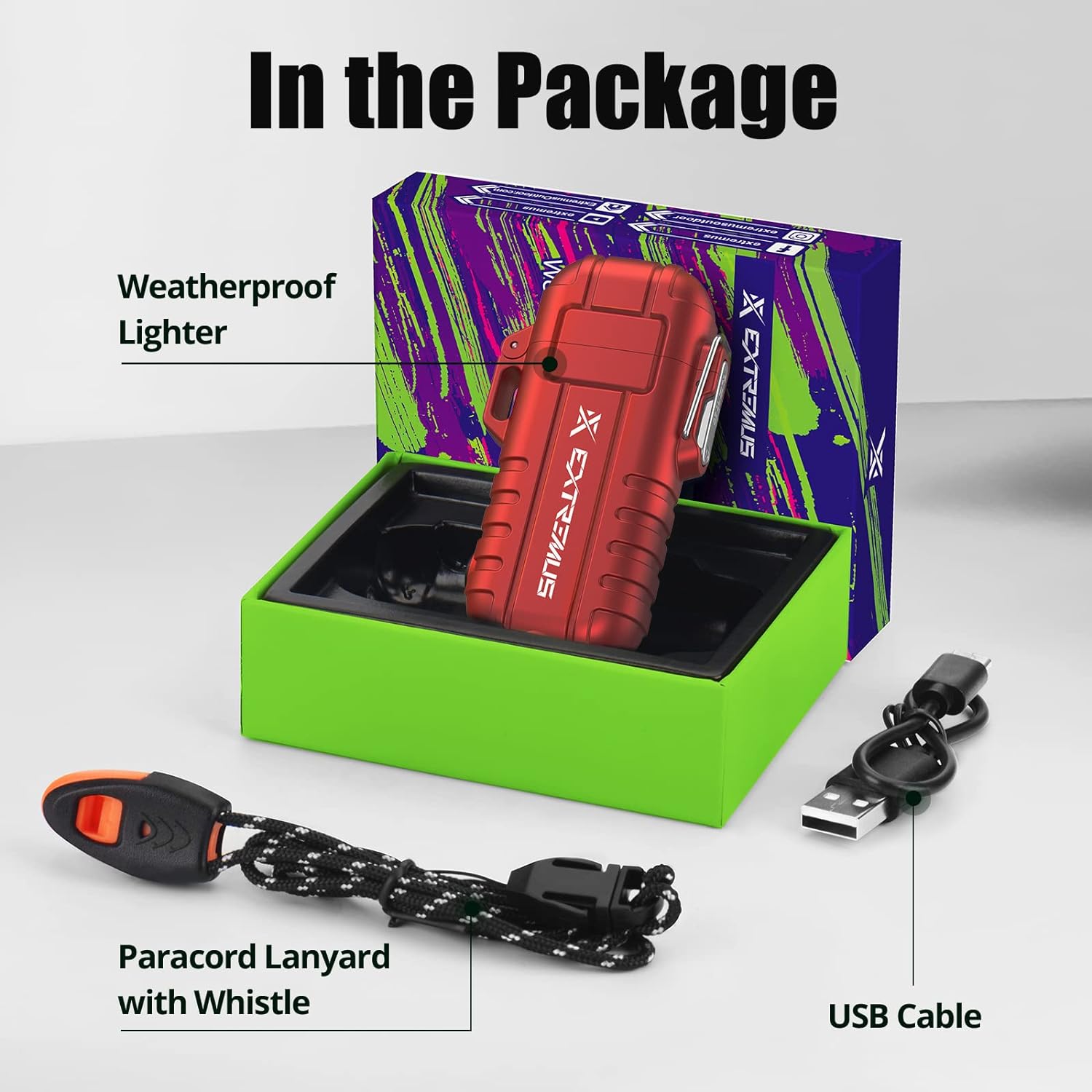 Extremus Blaze 360 Windproof Lighter, Waterproof Lighter with Flashlight, USB Rechargeable Flameless Lighter, Dual Arc Plasma Electric Lighter with Survival Whistle & Lanyard Camping Tactical Gear