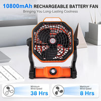Camping LED Fan with Light，10-Inch Rechargeable Outdoor Tent Fan, Head Rotation, Stepless Speed and USB Fan for Picnic, Barbecue, Fishing, Worksite