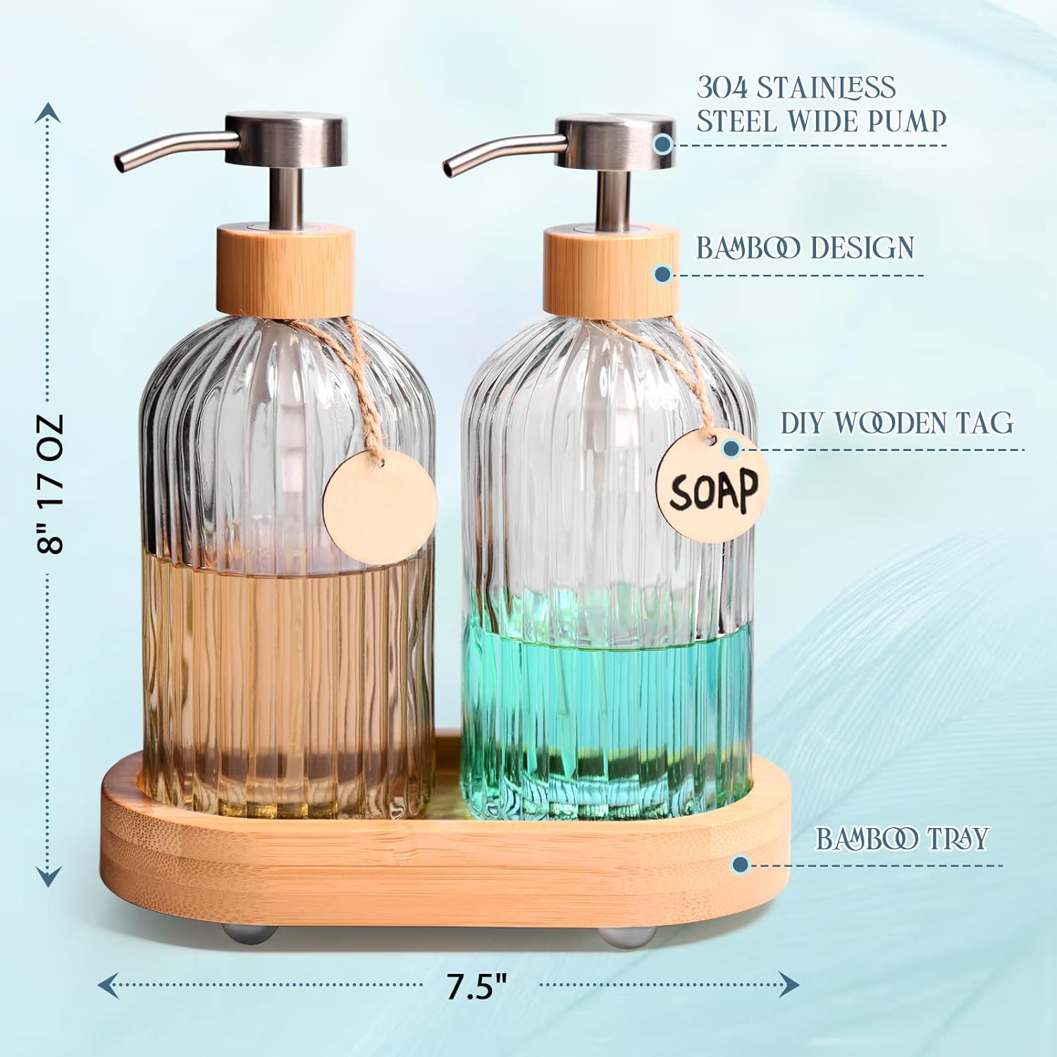 Lorbro Kitchen Soap Dispenser Set, Glass Soap Dispenser with Stainless Steel Pump and Tall Bamboo Tray, Clear Liquid Soap Dispenser, Farmhouse Hand Soap Dispenser for Bathroom, Modern Boho Decor