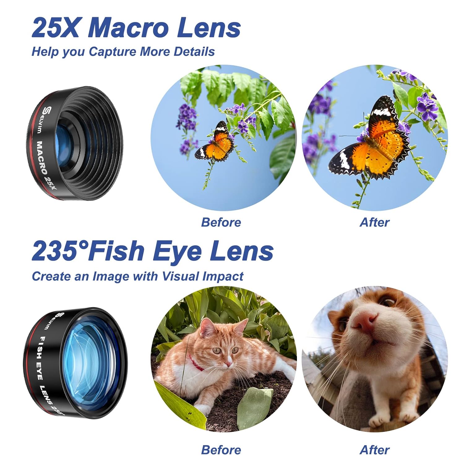 Selvim Phone Camera Lens Kit 3 in 1: 25X Macro Lens, 0.62X Wide Angle Lens & 235° Fisheye Lens, Compatible with iPhone 10 8 7 6 6s Plus X XS XR Samsung