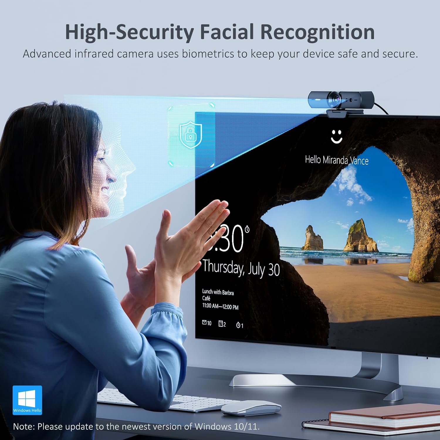 NexiGo HelloCam, 1080P Webcam with Windows Hello, True Privacy, Automatic Electronic Shutter, Computer Camera, Microphone, Facial Enhancement, HD USB Web Cam