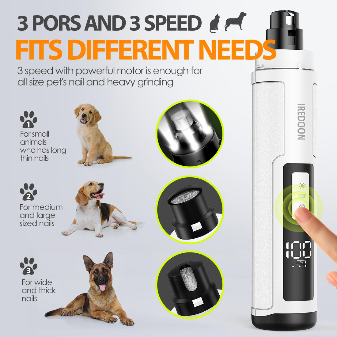 IREDOON Pet Dog Nail Grinder, Professional 3-Speed Mode Electric Rechargeable Pet Nail Trimmer Clipper with 4 LED Lights - White