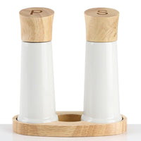 Wooden Salt and Pepper Grinder Set with a Wood Tray, Premium Beach Wood, Elegant Refillable Salt Pepper Mill, Salt & Pepper Shakers for Seasoning, Stylish Gift Set by Tessie & Jessie (6"+6")