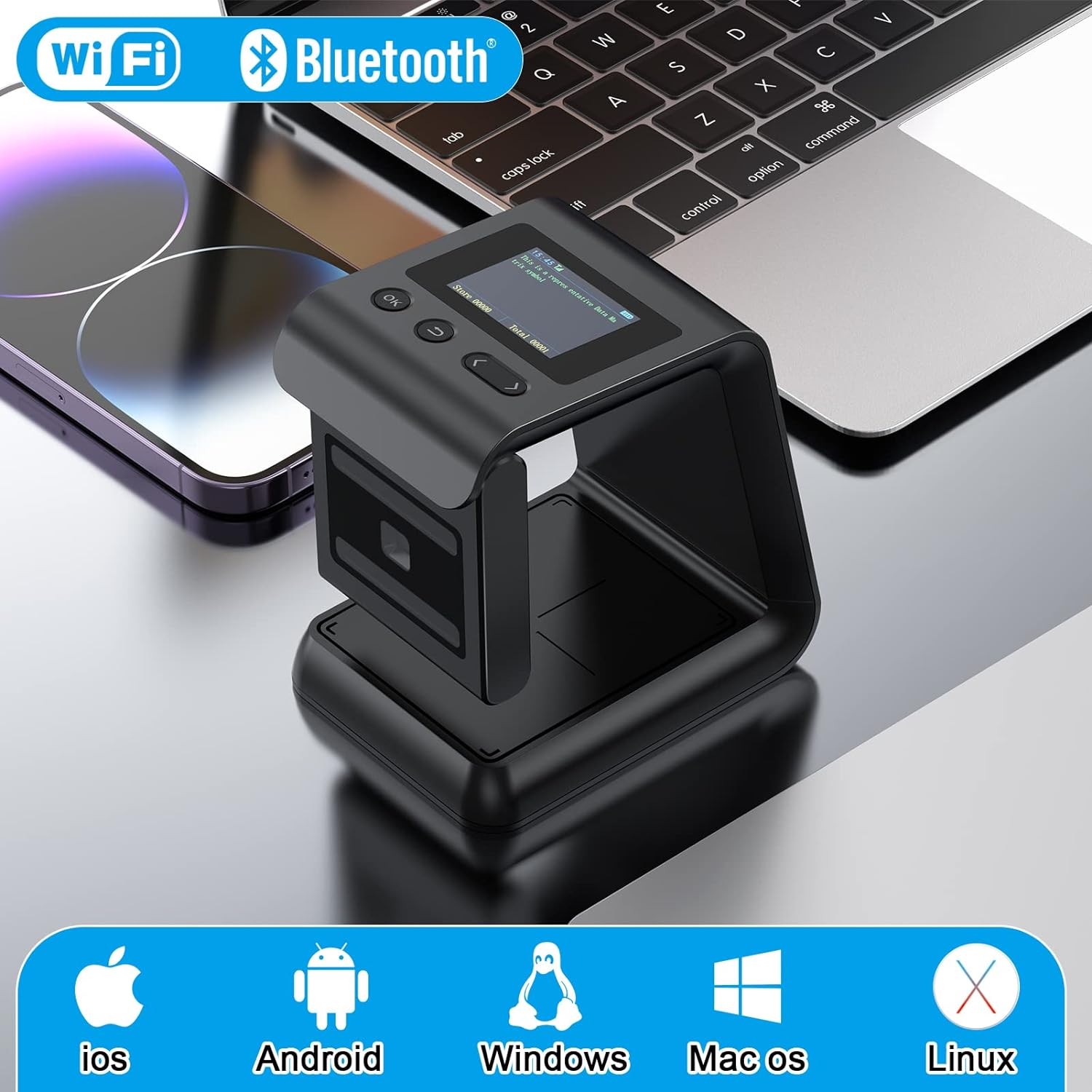 Alacrity 2D QR Wireless Barcode Scanner with Screen Display Bluetooth Omnidirectional Hands-Free Automatic USB Barcode Reader Scanner with Bluetooth4.1 & 2.4GWireless Function
