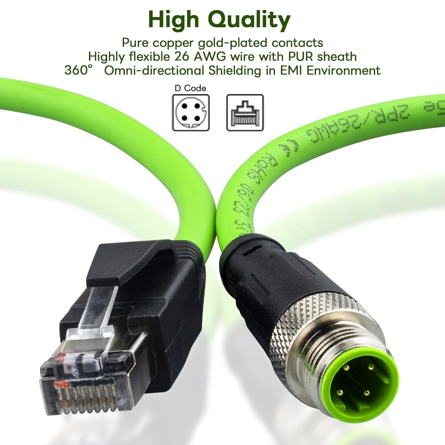 M12 to RJ45 Industrial Ethernet Cable – Side View