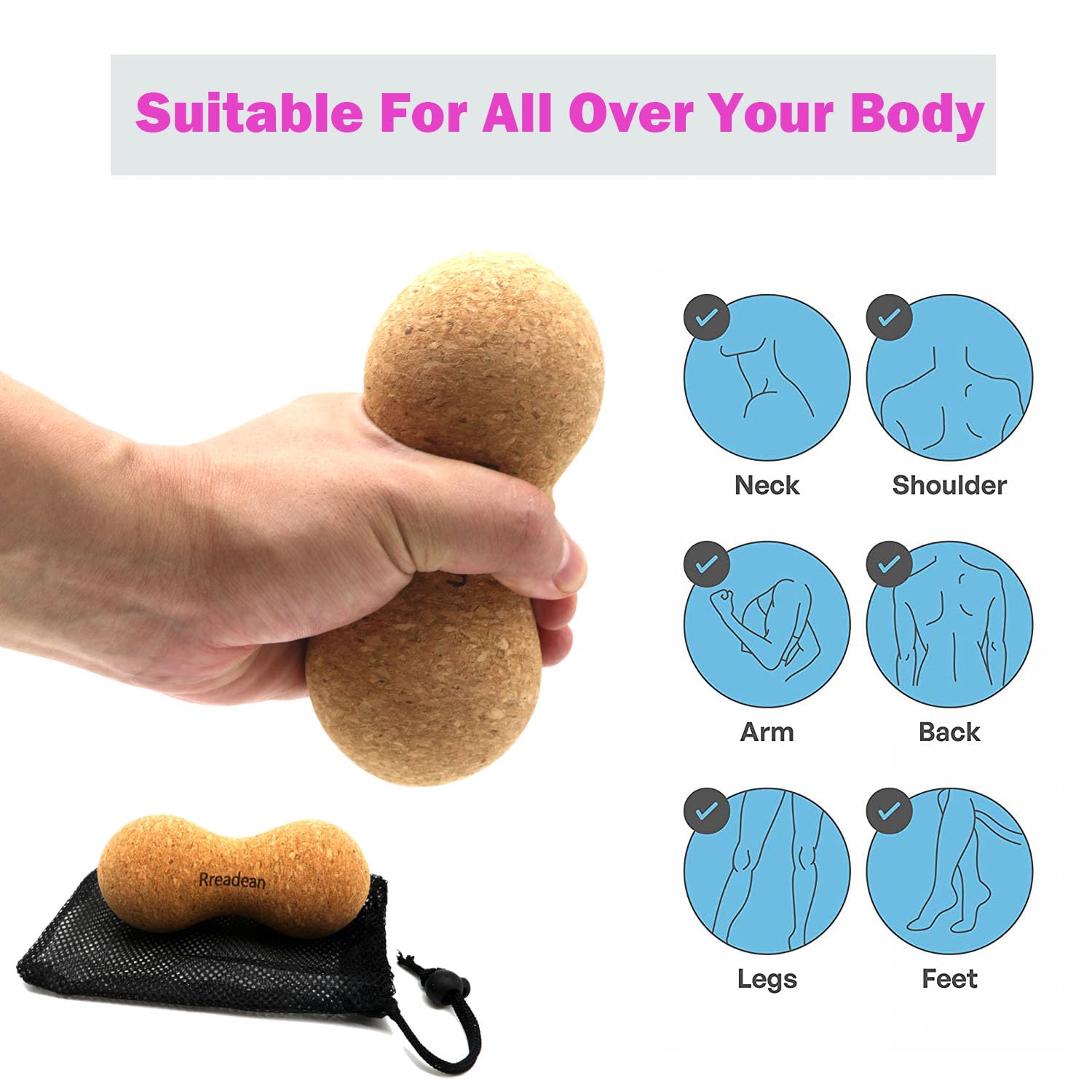 Rreadean Cork Peanut Massage Tool for Rigger Point Therapy, Back Pain, Yoga & Posture Improvement