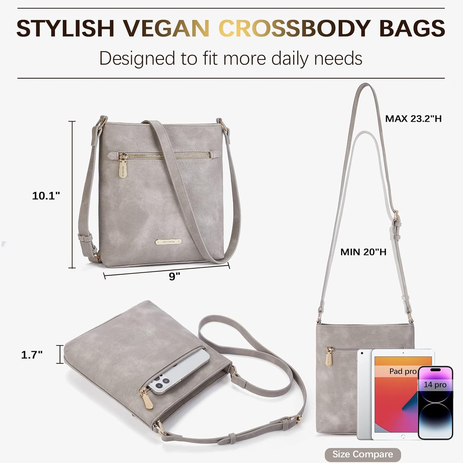 BOSTANTEN Crossbody Bags for Women Leather Zipper Pocket Crossbody Shoulder Purses Medium Size, A-05-retro Grey, Small, Crossbody Purses for Women