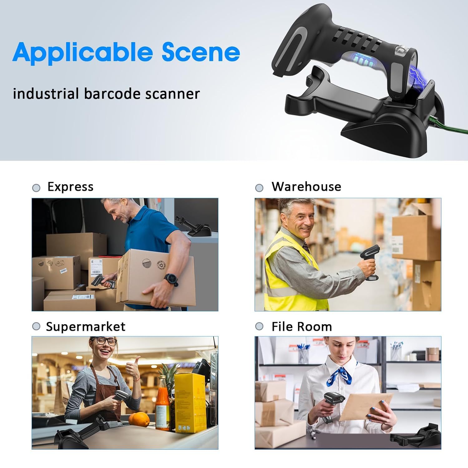 Symcode Upgraded 1D Industrial Barcode Scanner with Wireless Charging Stand 1968 Feet Transmission Distance 433Mhz Wireless & Bluetooth Barcode Scanner 1D Laser Hands-Free Barcode Reader Black