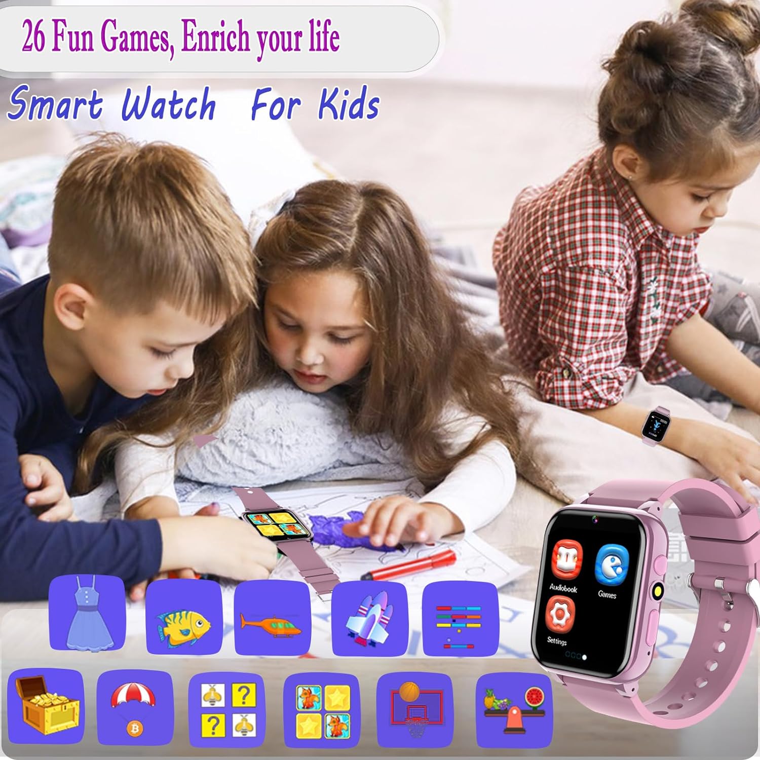 iCHOMKE Smart Watch for Kids, Girls Boys Smartwatch with 26 Games Camera Video Recorder and Player, Pedometer Calendar Flashlight, Audio Book etc., Gifts for 4-12 Years Children (Pink)