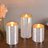 M Mirrowing Flameless Candles, Silver Mercury Glass Holder, Decorative LED Candle, Real Wax, Set of 3, 3"Dx4"/5"/6"H, Realistic Flickering, Remote Control, Timer, Battery Operated Candles (Silver)