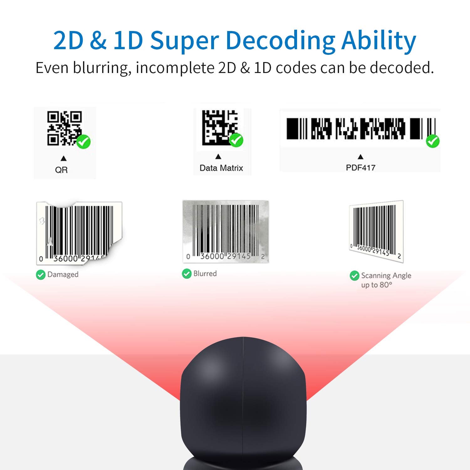 1D 2D QR Desktop Barcode Scanner, Symcode Omnidirectional Hands-Free Automatic USB Barcode Reader, Capture Barcodes from Mobile Phone Screen, Automatic Image Sensing Barcode Scanner
