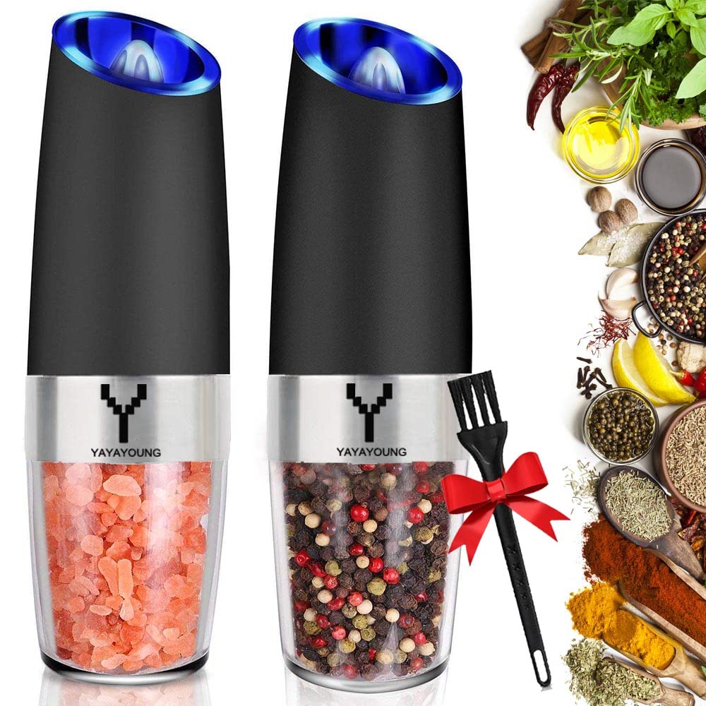 OOTD Gravity Electric Grinder set of 2, Automatic Pepper and Salt Mill Grinder with Blue LED LIGHT, Electric Pepper Mill with Adjustable Coarseness, Refillable, salt and pepper shaker, pepper grinder