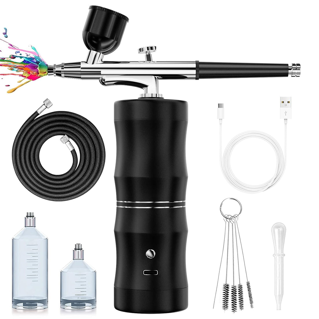 Rhinowisdom Airbrush Kit with Compressor, Air Brush Gun Rechargeable Portable High Pressure Air Brushes with 0.3mm Nozzle and Cleaning Brush Set for Nail,Painting,Tattoos,Makeup,Art,Cake Decorating