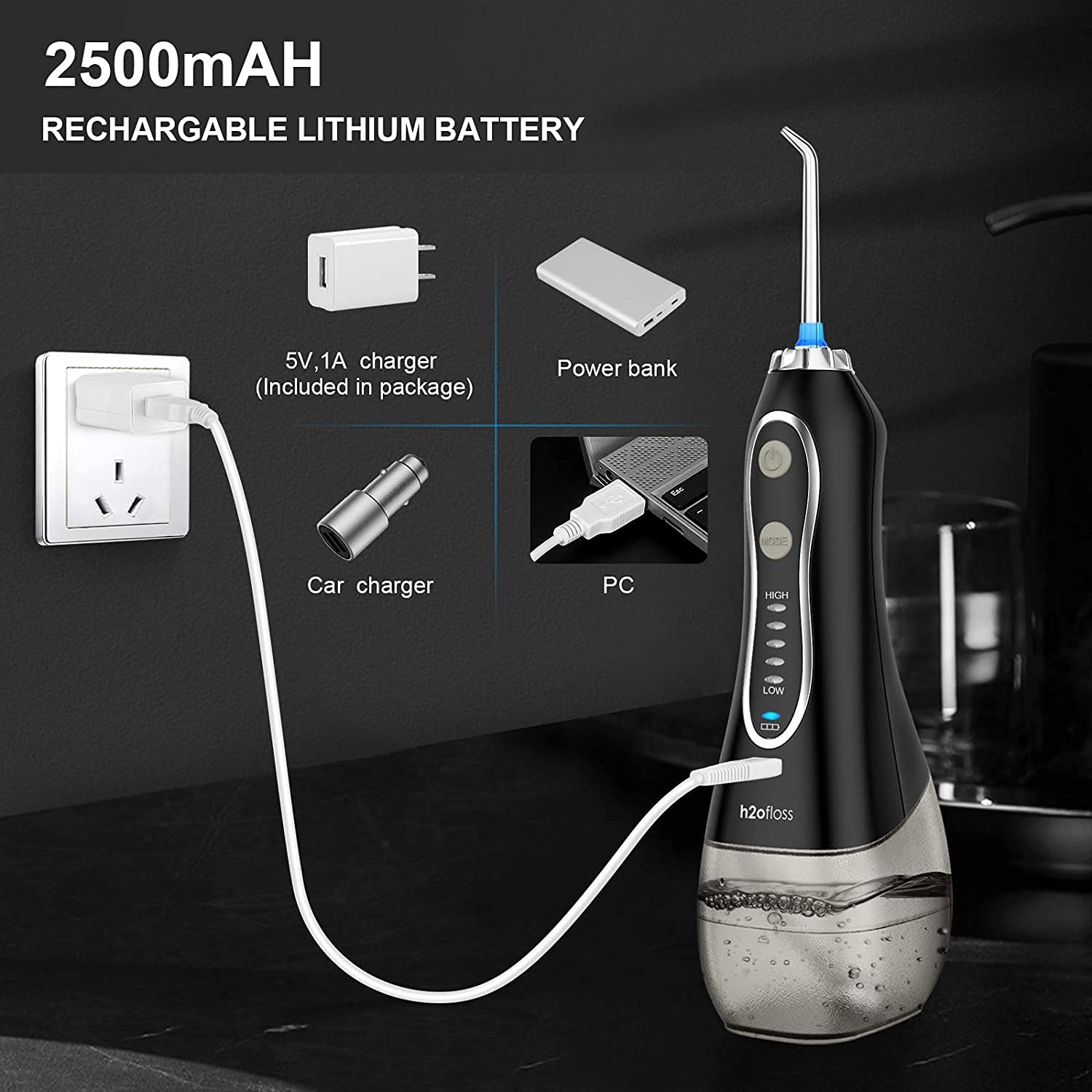 H2ofloss Water Flosser Portable Dental Oral Irrigator with 5 Modes, 6 Replaceable Jet Tips, Rechargeable Waterproof Teeth Cleaner for Home and Travel -300ml Detachable Reservoir (HF-6)