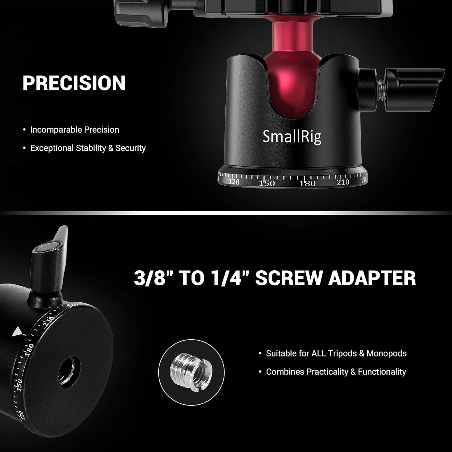 SmallRig Mini Ball Head, Tripod Head Camera 360° Panoramic with 1/4" Screw 3/8" Thread Mount and Arca-Type QR Plate Metal Ball Joint for Monopod, DSLR, Phone, Gopro, Max Load 4.4lbs/2kg - BUT2665