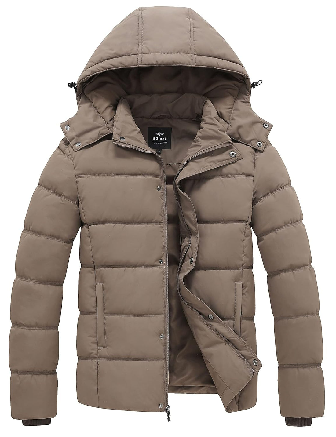 GGleaf Men's Hooded Winter Coat Warm Puffer Jacket Thicken Cotton Coat with Removable Hood, Khaki, XX-Large