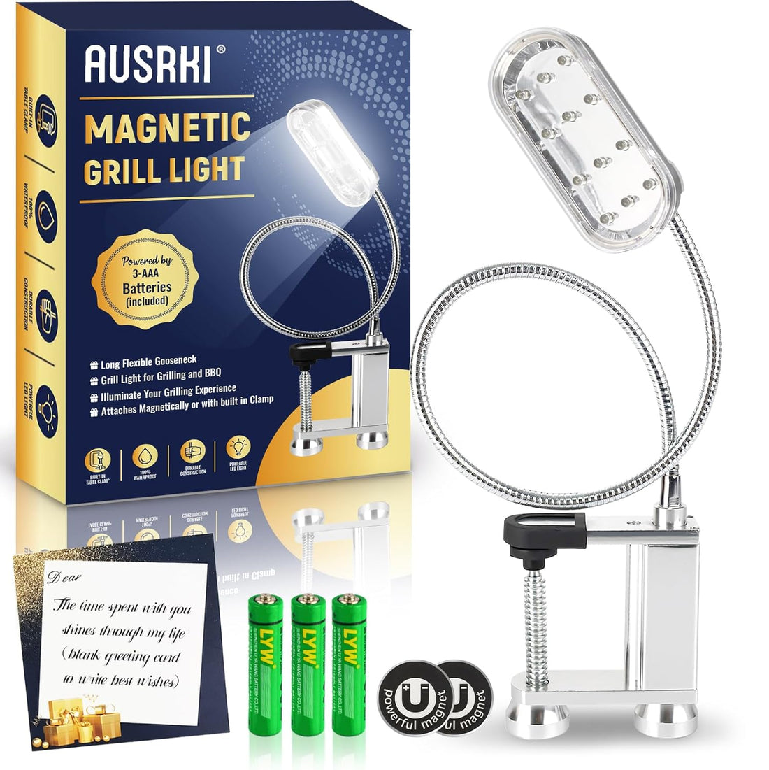 AUSRKI Barbecue Grill Light, Bright BBQ Grilling Accessories for Outdoor Grill, Magnetic Base or Built-in Clamp BBQ Light, Long Flexible Gooseneck, Stocking Stuffers Gifts for Men, Batteries Included
