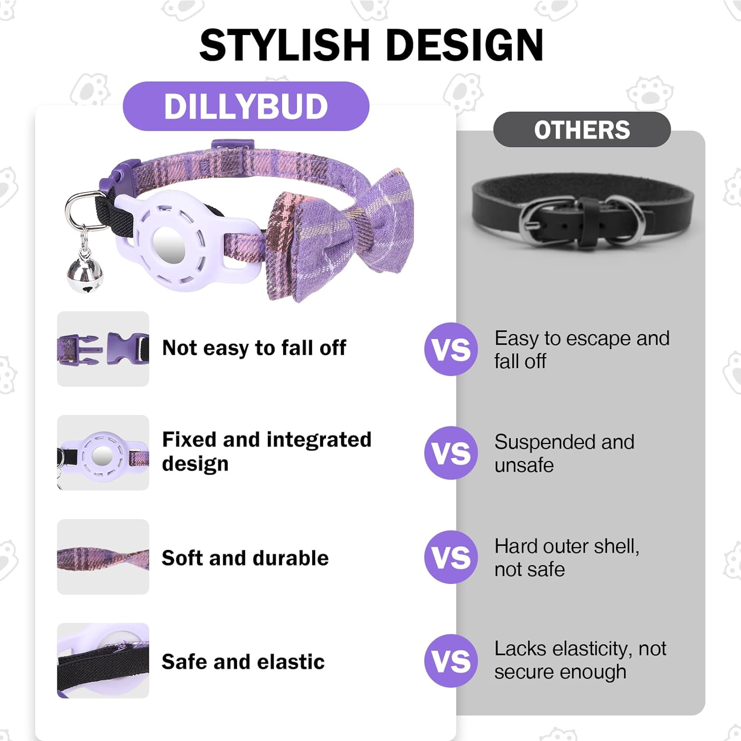 DILLYBUD Airtag Cat Collar, Plaid Cat Collar with Bow Tie and Bell, Adjustable Breakaway Pet Collar for Puppy Kitten Girl and Boys, GPS Tracker Cat Collars, Purple
