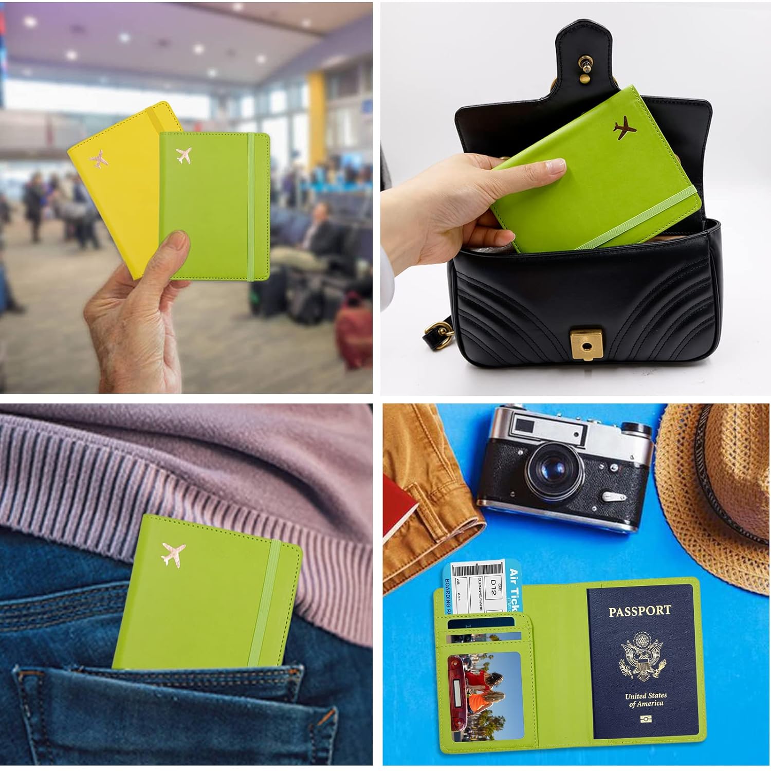 Deziliao Passport and Vaccine Card Holder Combo, PU Leather Passport Holder with Vaccine Card Slot, Passport Wallet for Men and Women, Grass+Green, Basic