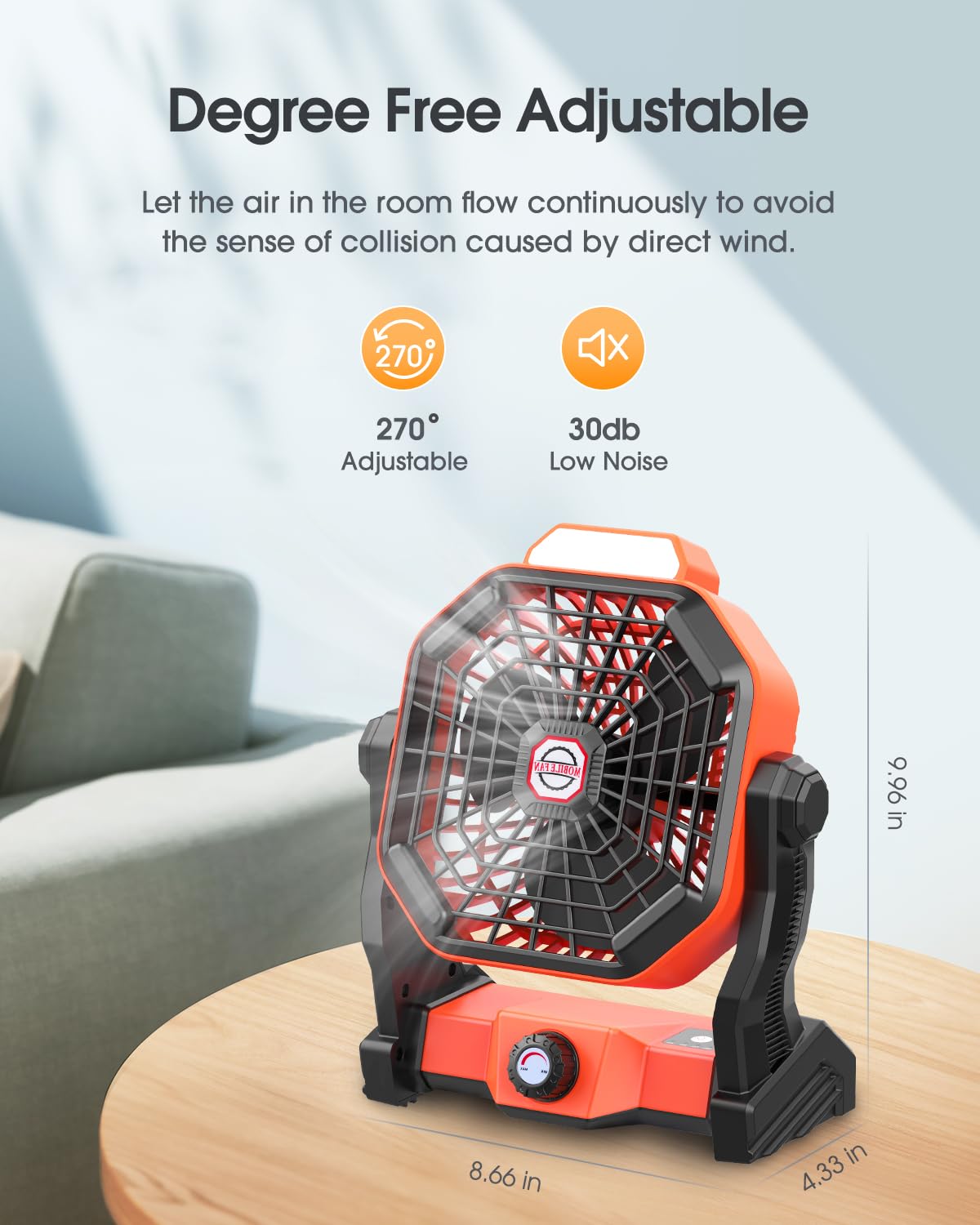 Camping Fan with LED Lantern, 10400mAh 8-Inch Rechargeable Outdoor Tent Fan, 270°Head Rotation, Stepless Speed and Quiet Battery Operated Personal USB Desk Fan for Camping, Office, Fishing, Travel