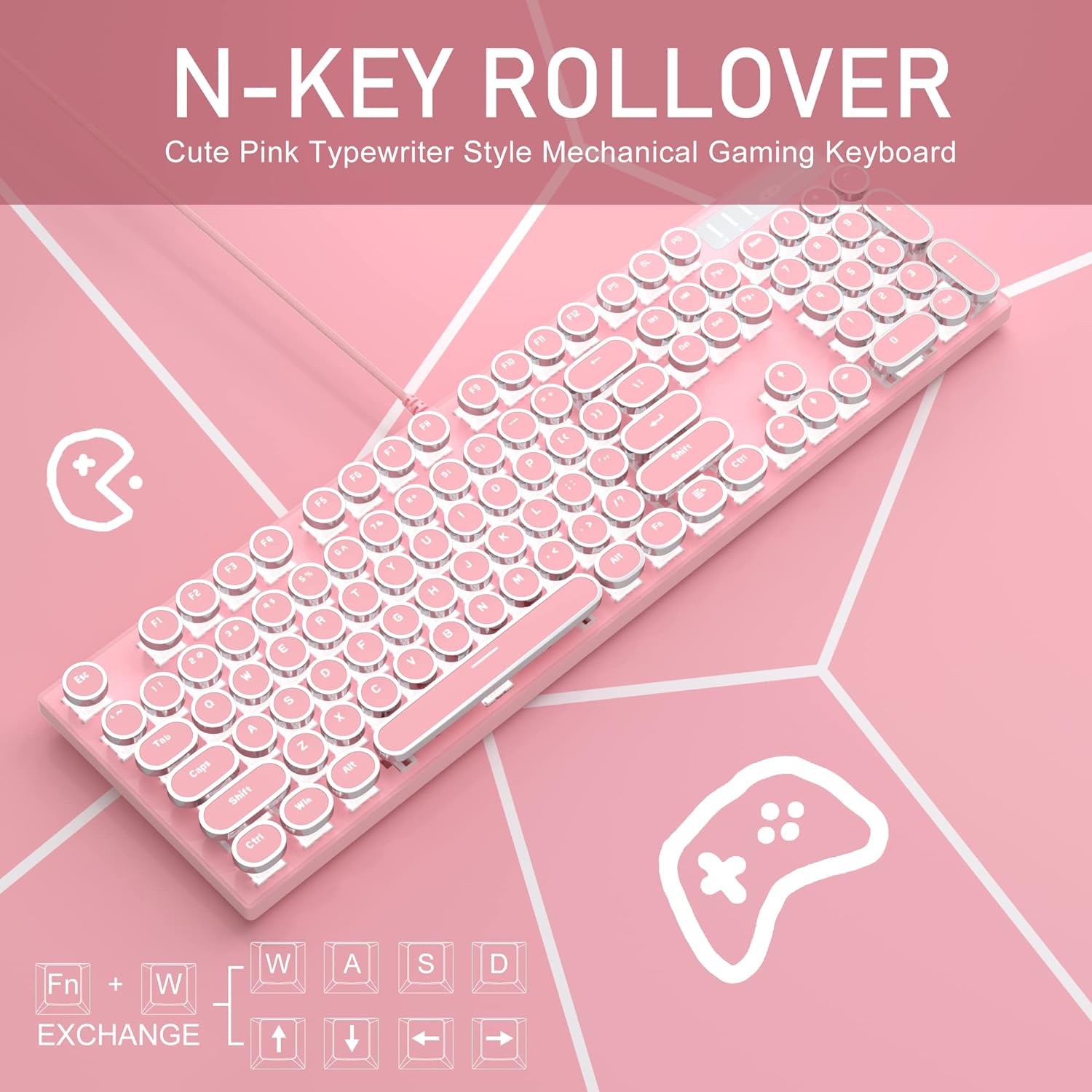 Retro Typewriter Keyboard and Mouse Combo, Cute Pink Keyboard with Linear Red Switches, Full Size Wired Mechanical Gaming Keyboard, Cool Light Up Keyboard and Mouse for Gaming,Work,Mac,PC,Windows