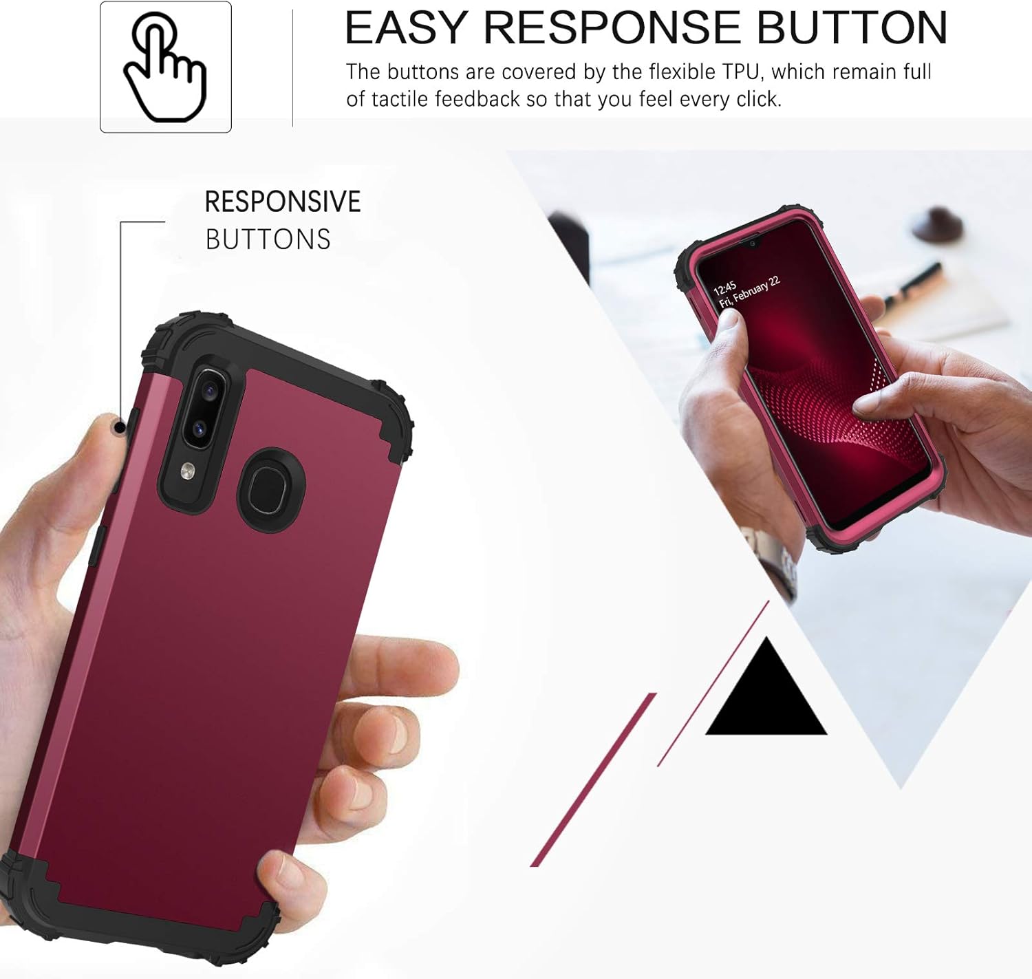 BENTOBEN Samsung Galaxy A50/A30/A20 Case, 3 Layer Hybrid Hard PC Soft Rubber Heavy Duty Rugged Bumper Shockproof Anti Slip Full-Body Protective Phone Cover for Samsung Galaxy A50/A30/A20, Wine Red