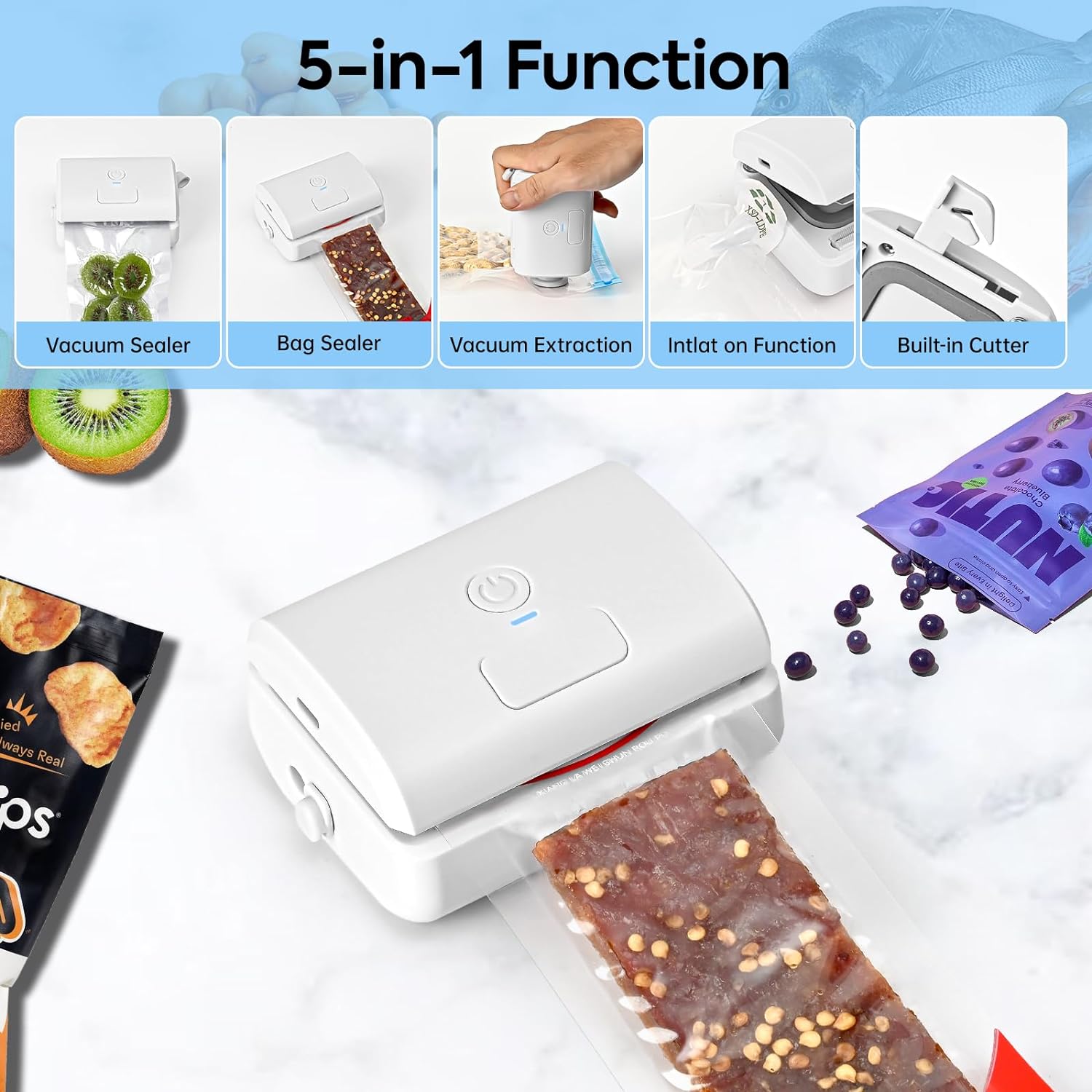 Multi-Function Mini Bag Sealer, Can Seal, Vacuum, Inflate, Portable Vacuum Sealer, Food Freshness Vacuum Sealer. Rechargeable, Fast Heating Snack Sealer for Potato Chip Bag, Vacuum Bag. (White)