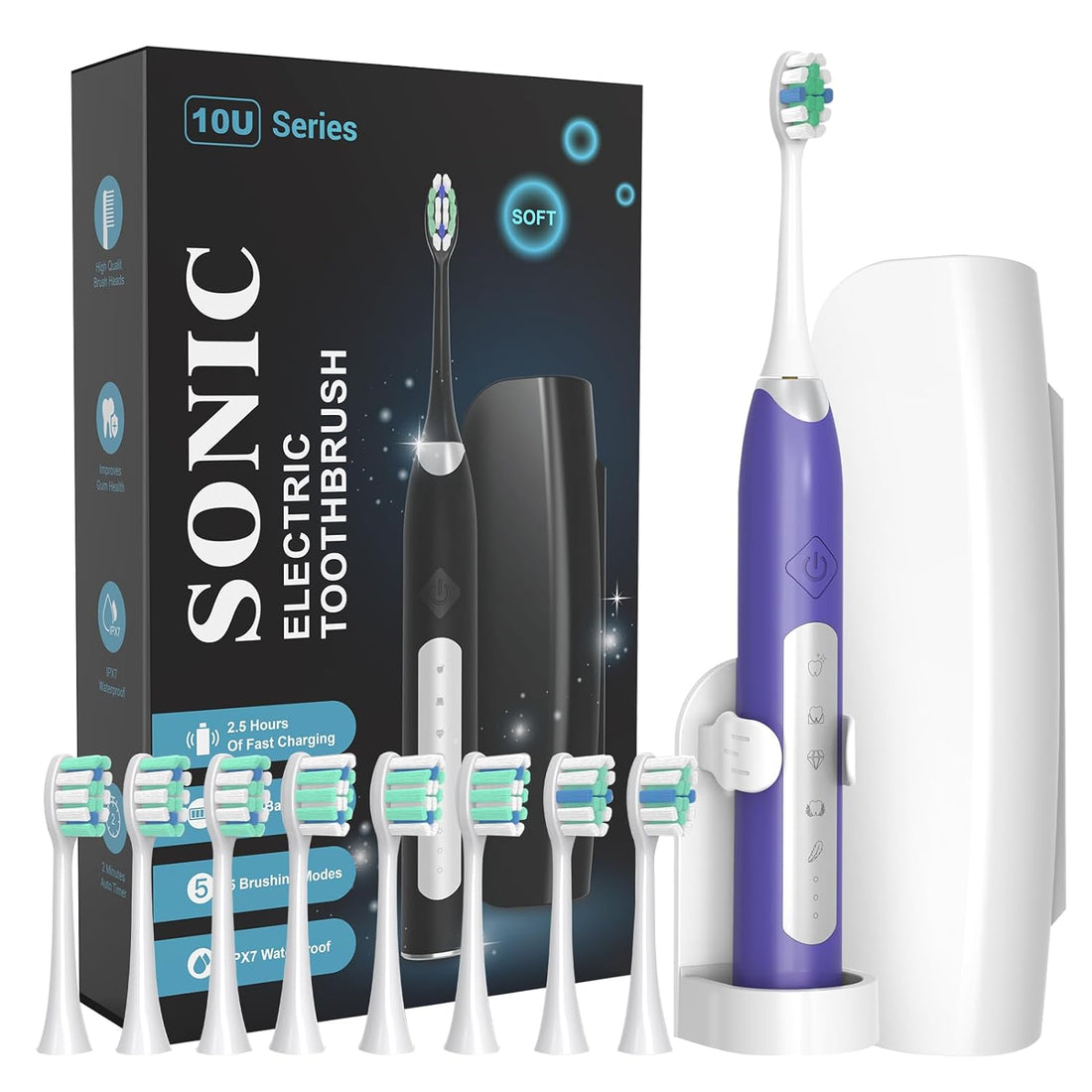 Sonic Electric Toothbrushes for Adults, 8 Brush Heads Electric Toothbrush Deep Clean 5 Modes, Rechargeable Travel Toothbrushes Fast Charge with 2 Minutes Smart Timer (Deep Purple)