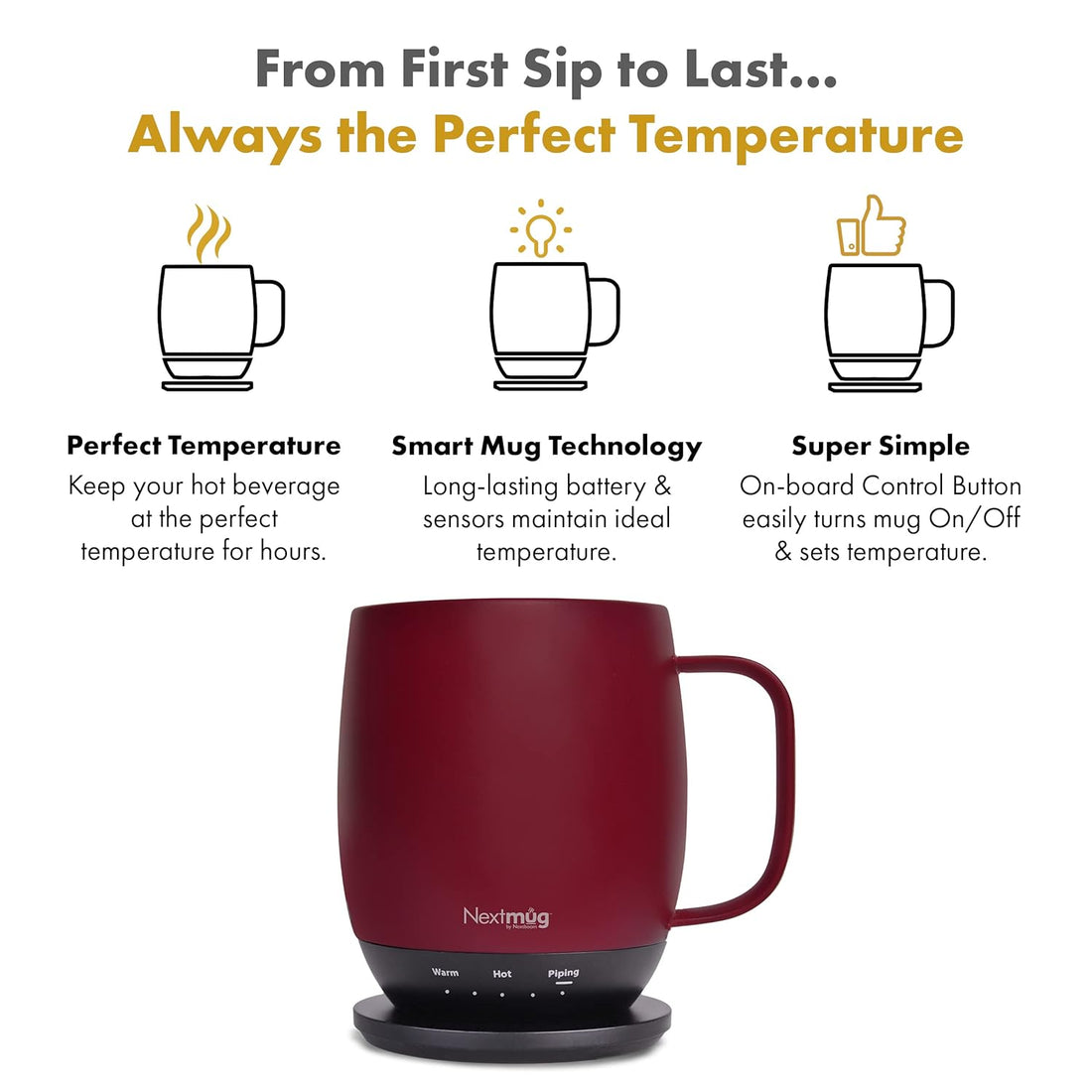 Nextmug - Temperature-Controlled, Self-Heating Coffee Mug (Burgundy - 14 oz.)