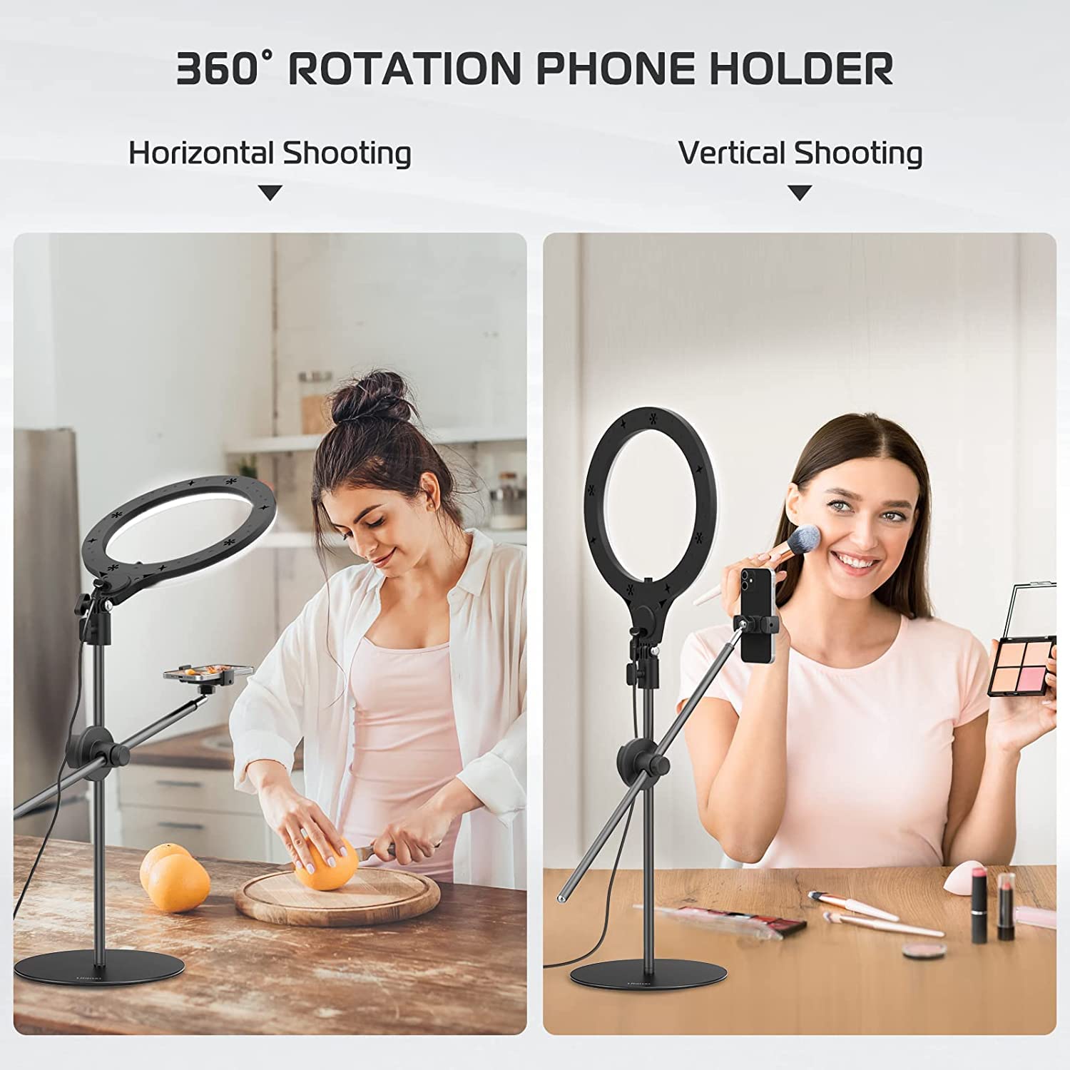 Ulanzi Overhead Phone Mount with 10" Selfie Ring Light, Tabletop Light Stand with 360Ã‚° Adjustable Shooting Arm, 3500k-6500K Dimmable Ring Light for Video Recording, Live Streaming, Portrait & Makeup