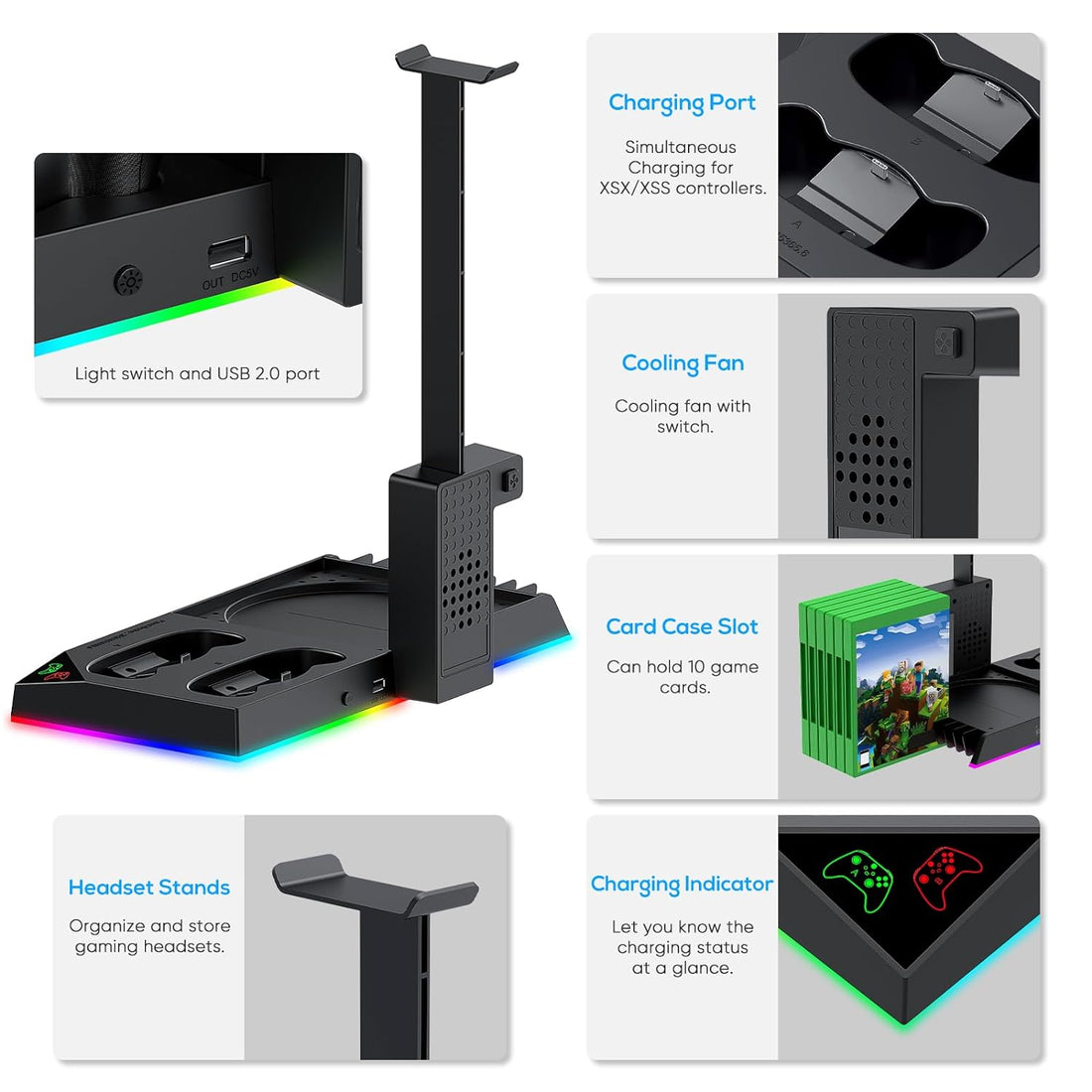 RGB Charging Stand with Cooling Fan for Xbox Series X Console & Controller,Dual Charger Station Cooler System Accessories with 15 RGB Lights,2 x 1400mAh Rechargeable Battery,Headphone stand,Game Discs