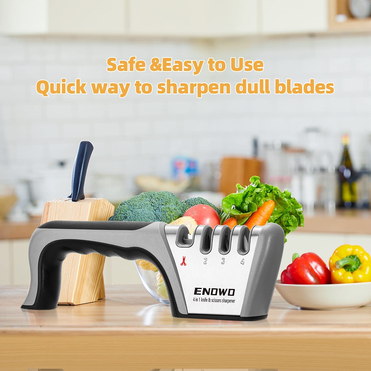 enowo Premium Knife Sharpeners,4 Stage Kitchen Knives Sharpener Helps Repair,Restore & Polish Straight-Edge Dull Knives & Sharpen Scissors Quickly and Safely,Easy to Use Blade Sharpener