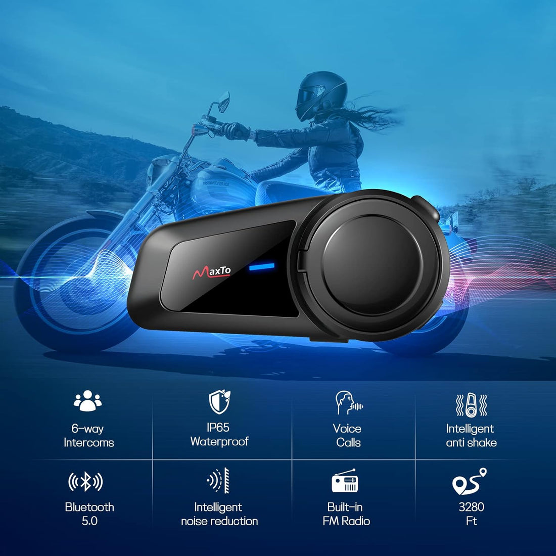 Motorcycle Bluetooth Headset MaxTo M2 Motorbike Helmet Bluetooth5.0 Headset 6-Way 3280Ft Intercom Communication System with IP65 Waterproof CVC Noise Cancellation Stereo Music & FM for All Helmets