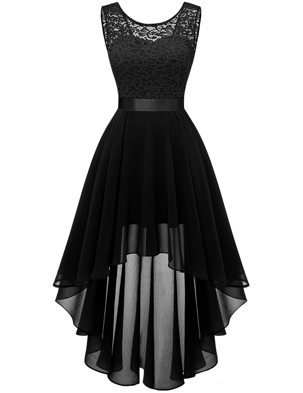 BeryLove Women's Floral Lace Chiffon Bridesmaid Formal Dress Hi-Lo Swing Party Dress 35BlackXS