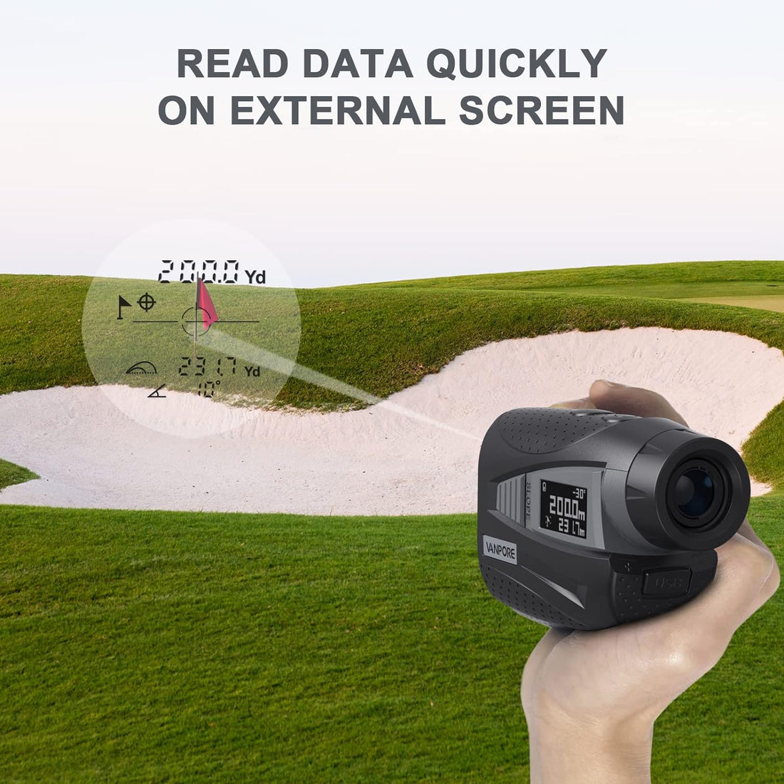 VANPORE Golf Rangefinder Slope Laser - Vanpore Range Finder Golfing Distance Measuring with External Display Screen, 800 Yard Flag Pole Locking Vibration& High-Precision Focus
