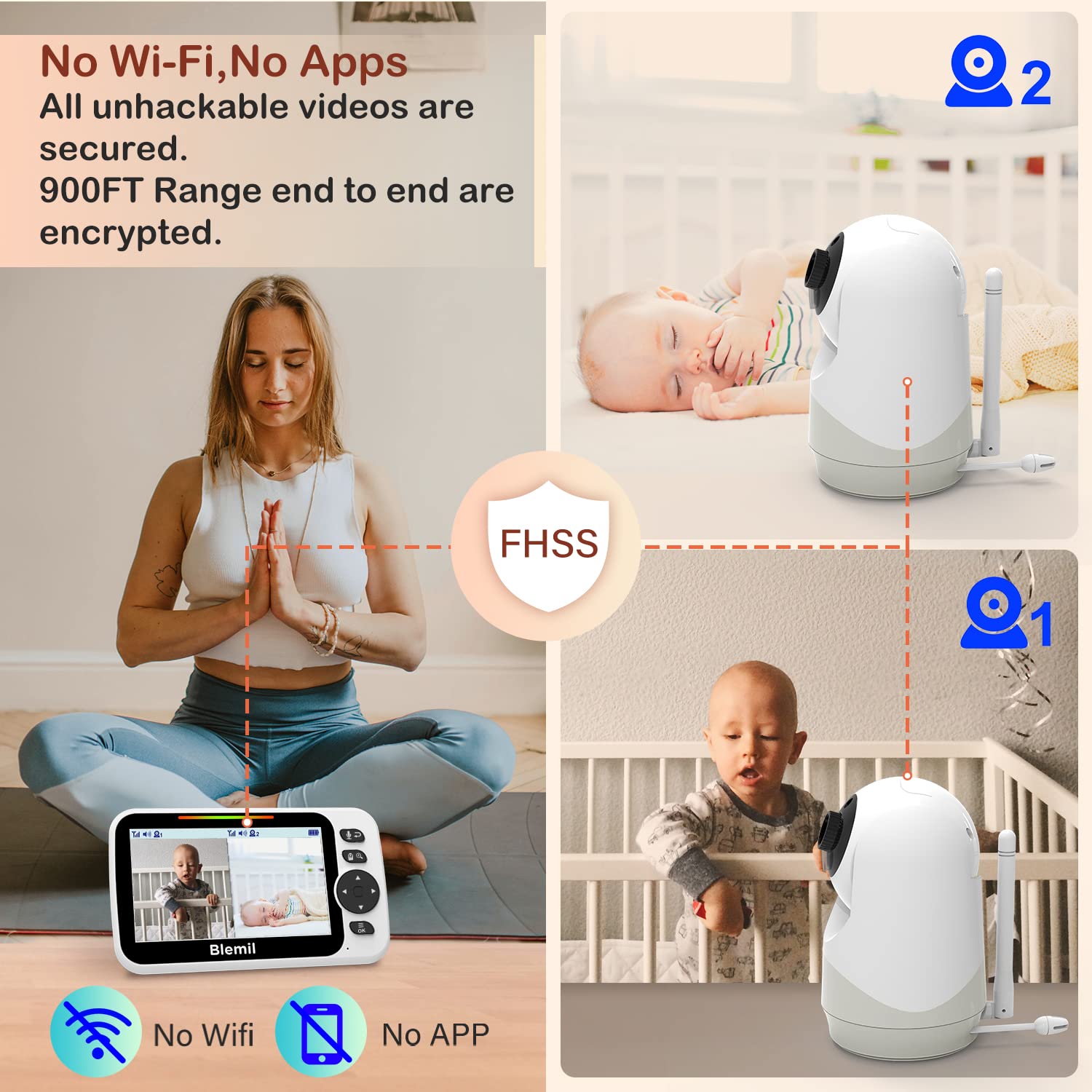 Blemil Upgrade Baby Monitor with 30-Hour Battery, 5" Large Split-Screen Video Baby Monitor with 2 Cameras and Audio, Remote Pan/Tilt/Zoom, Two-Way Talk, Room Temperature, Auto Night Vision