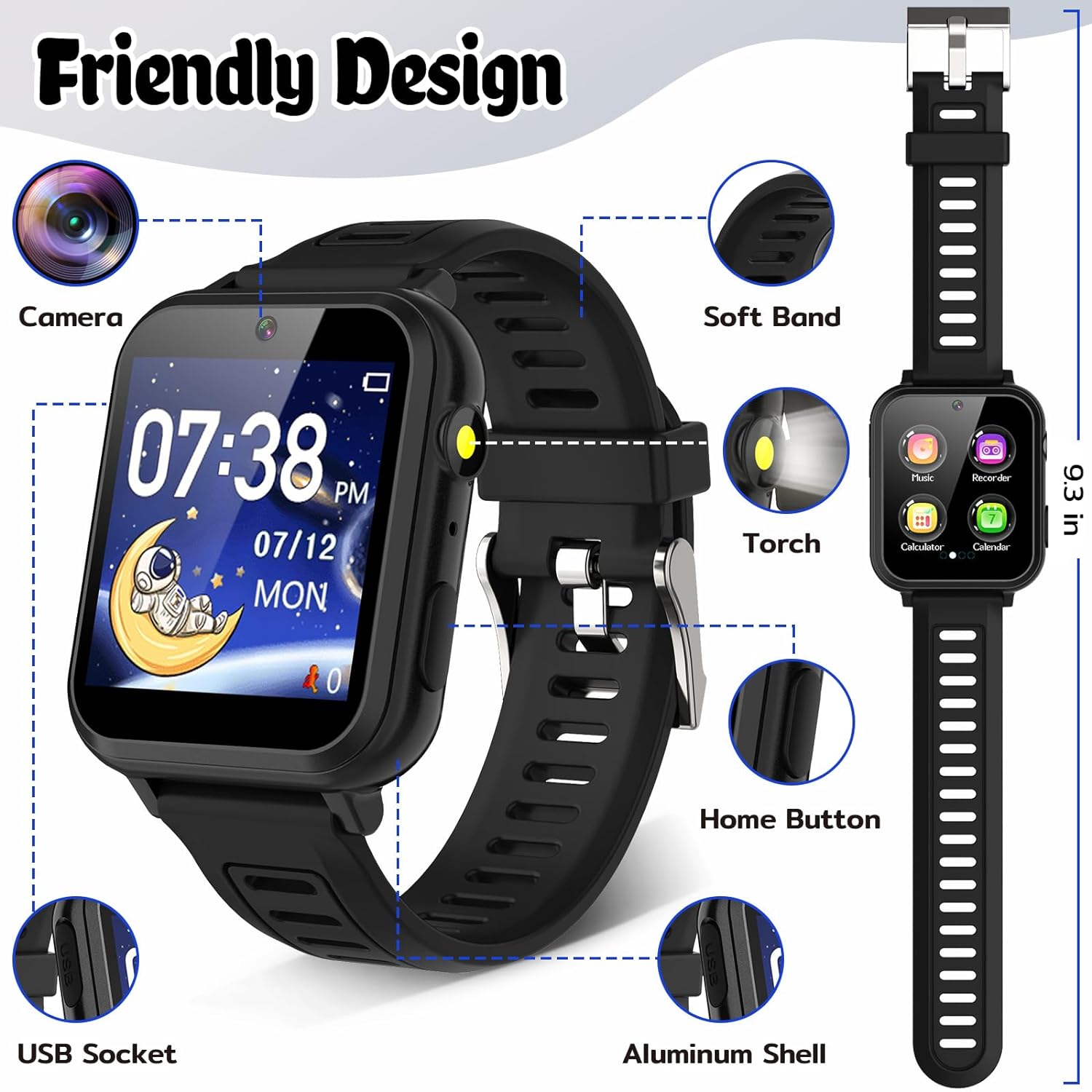 Waterproof Touch Screen Smart Watch with 24 Puzzle Games HD Camera Music Player Pedometer Alarm Clock and Selfie Cam - Great Learning Toy for Kids (Black)