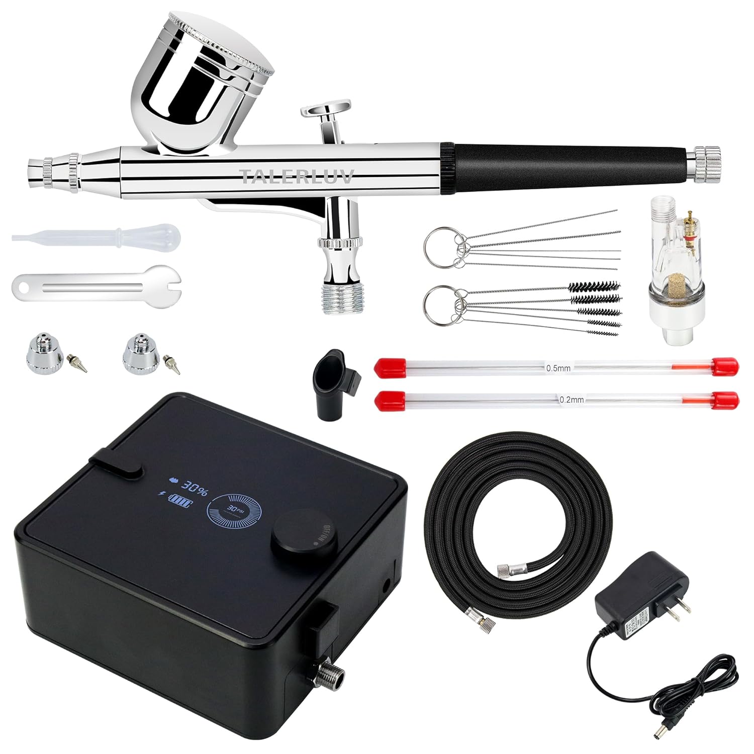 Rechargeable Airbrush Kit w/Compressor, Battery Indicator, Humidity Sensor & PSI Display - Dual-Action, Adjustable PSI, Cleaning Kit incl. for Makeup Painting Cake Nail Barber Modeling Coloring