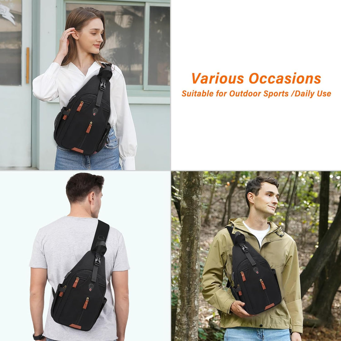 MOSISO Sling Backpack Travel Hiking Daypack, Vintage Canvas Crossbody Sling Bag with USB Charging Port & Removable Strap One Shoulder Chest Bag, Black