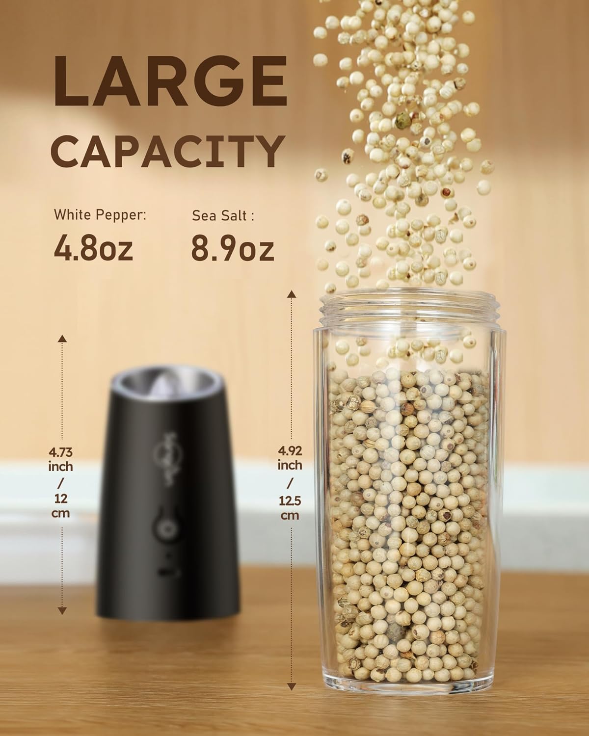 𝐔𝐩𝐠𝐫𝐚𝐝𝐞𝐝 Rechargeable 9oz Sangcon Gravity Electric Salt and Pepper Grinder Set - XL Capacity -No Battery Needed - LED Light One Hand Operation, Adjustable Coarseness Automatic Mill Shakers