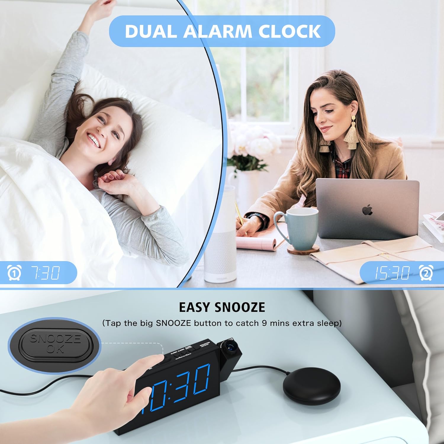 Mesqool Projection Clock with Bed Shaker Alarm, Loud Alarm Sound & Vibrating Projector Clock for Heavy Sleepers, 7" LED Display & Dimmer,12/24H, DST, USB Charger, Battery Backup for Bedrooms, Ceiling