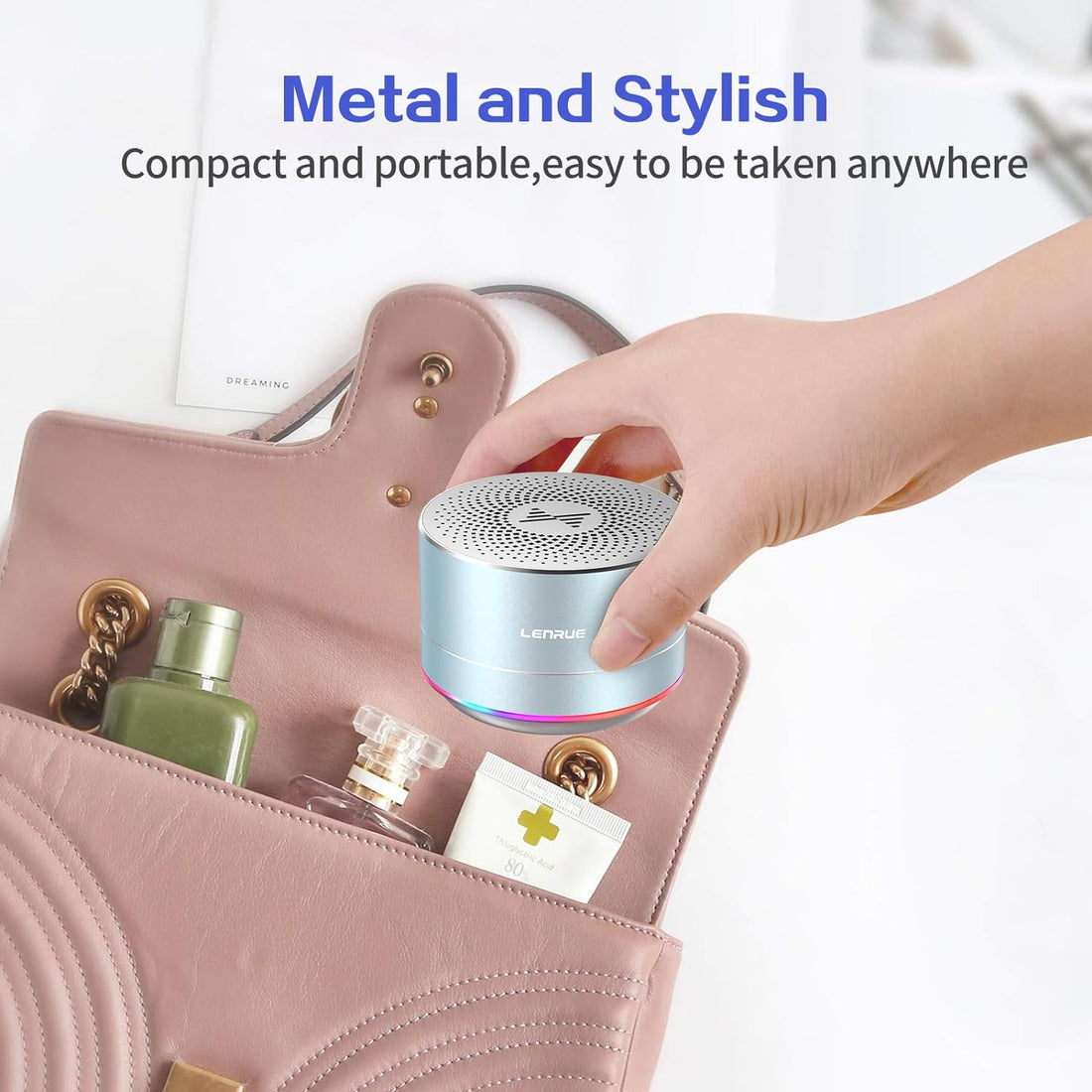 LENRUE - Portable Bluetooth Speakers, Wireless Speaker with Clear Sound, Long Playing Time, Small Mini Metal Speaker, Christmas Birthday Gifts for Men Women Kids (Sky Blue)