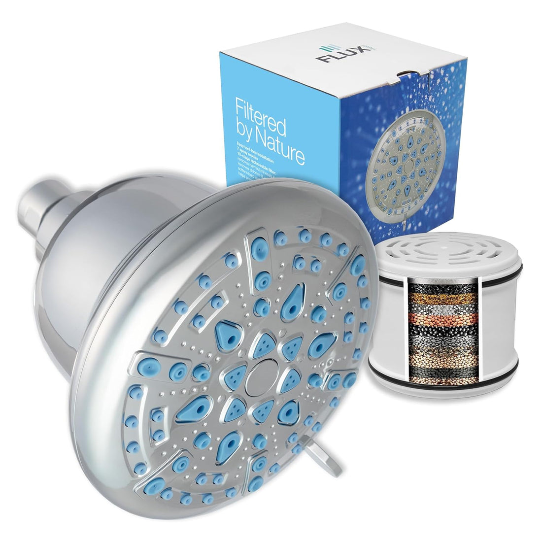 Flux Fresh Fixed Filtered Shower Head with 7 Spray Settings and 10-stage Replaceable Purifying and Softening Filter