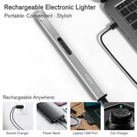 REIDEA Lighter R1 Flat Electronic Candle Lighter, Windproof Flameless USB Rechargeable Arc Lighter with Safe Button and Power Indicator for Candle, BBQ and Fireworks, Silver
