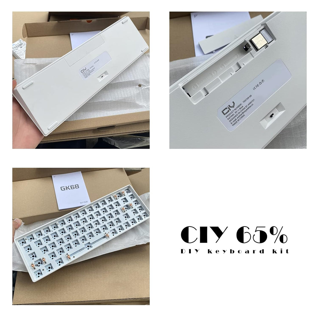 CIY GK68 Dual Mode Wireless Hotswap Keyboard Kit, DIY 65% Keyboard, Bluetooth 5.0/2.4G Wireless, Replaceable MX Switch 5Pin/3Pin, ABS Shell,Metal Positioning Plate, Sound Insulation Mat(White)