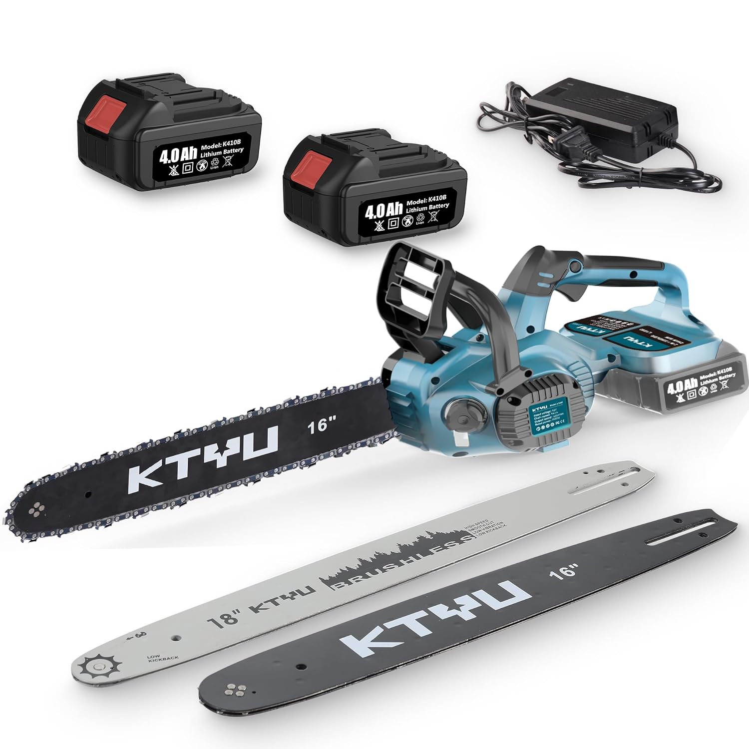 KTYU Brushless Cordless Chainsaw 18 Inch and 16 Inch, Battery Power Chain Saw with Auto-oiling and Tool-less Tensioning for Wood Cutting, Logging and Tree Trimming, 4.0Ah Battery and Charger Included