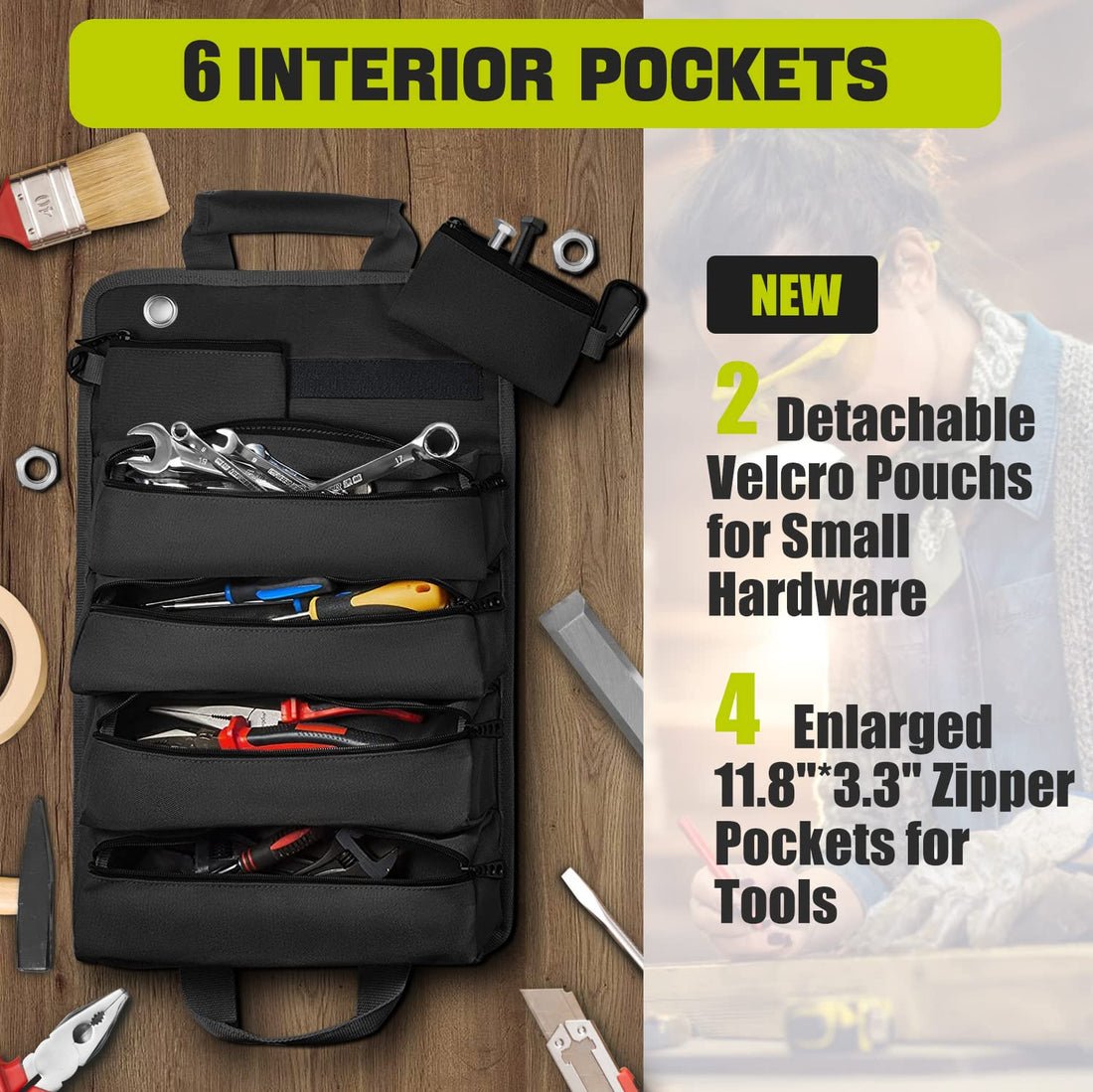 Upgraded Tool Roll Up Bag, SYCYKA Heavy Duty Roll Up Tool Bag, Roll Up Tool Organizer with 2 Detachable Shoulder Strap, Multi-Purpose Tool Roll Pouch for Motorcycle Truck Electrician