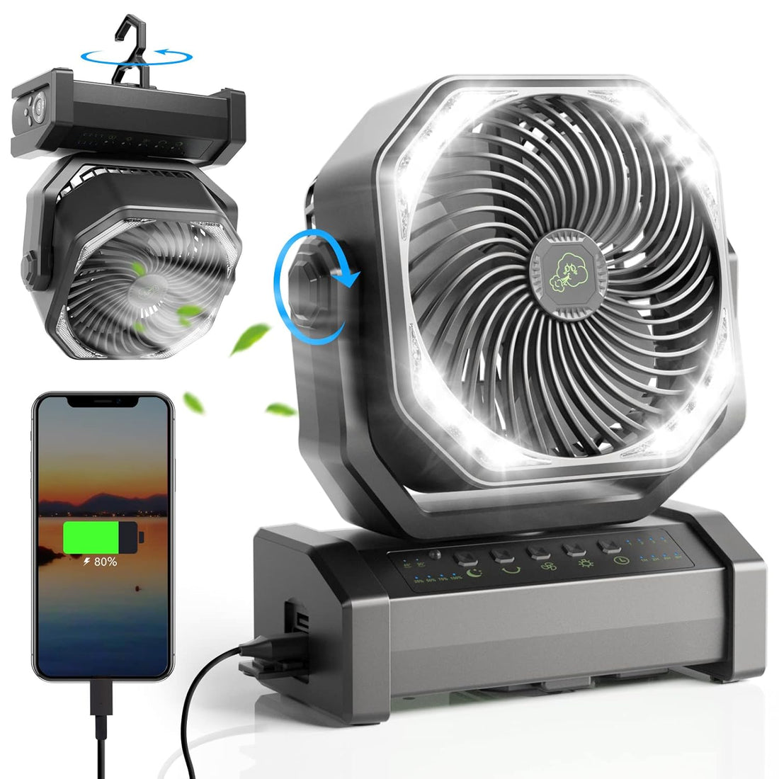 20000mAh Personal Fan with LED Lantern, Auto-Oscillating Desk Fan with Remote & Hook, Rechargeable Battery Operated Camping Fan with Timer, 4 Speeds USB Fan for Camp Travel Jobsite…