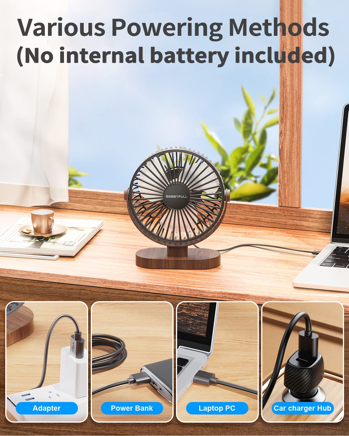 SWEETFULL 6.5 Inch USB Small Desk Fan, 3 Speeds Quiet Portable Desktop Table Fan, 360Ã‚° Adjustment Personal Mini Fan for Home Office Car Outdoor Travel (Black wood grain)